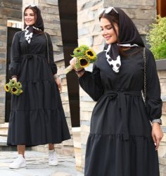 تصویر  پیراهن  زنانه بلند چین دار محرمی