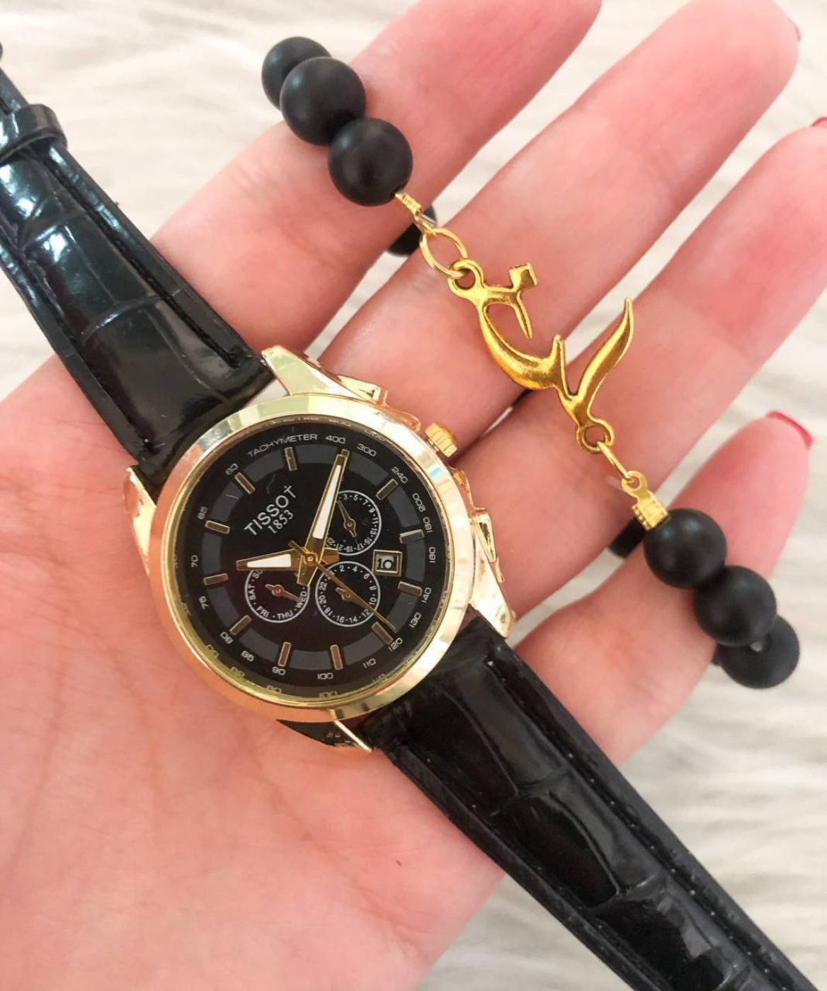 تصویر  ست ساعت زنانه بند چرمی تیسوت دستبند مهره‌ای مشکی