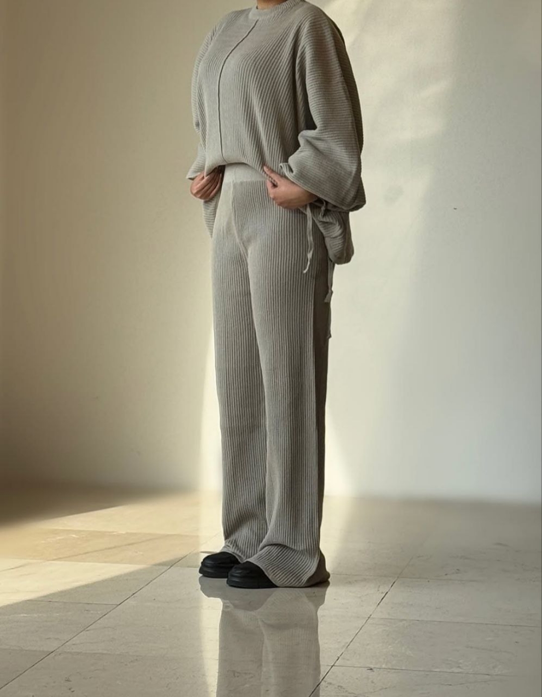 تصویر  بلوز شلوار ست بافت ریلی کیمونو