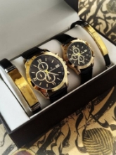 تصویر  مجموعه ست ساعت زنانه و مردانه مارک رومانسون بند چرمی مشکی صفحه مشکی همراه دستبند