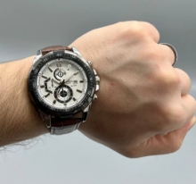 تصویر  ساعت کاسیو ادیفایس بندچرمی قهوه ای قاب مشکی صفحه سفید