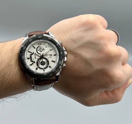 تصویر  ساعت کاسیو ادیفایس بندچرمی قهوه ای قاب مشکی صفحه سفید