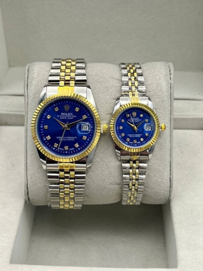 تصویر  ساعت زنانه و مردانه رولکس بنداستیل دورنگ با صفحه آبی خاص