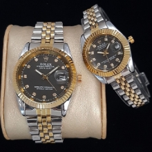 تصویر  ساعت رولکس بند استیل دورنگ با صفحه مشکی و شیشه ذره‌بینی