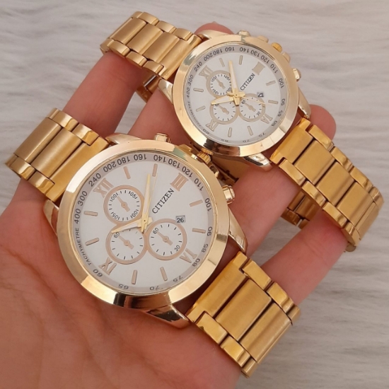 تصویر  ساعت زنانه و مردانه سیتیزن بند استیل طلایی صفحه سفید