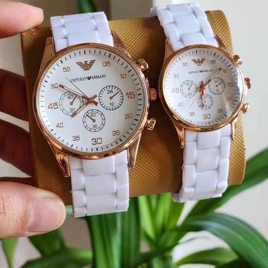 تصویر  ساعت زنانه مردانه امپریوآرمانی صفحه سفید قاب رزگلد