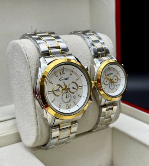 تصویر  ساعت زنانه و مردانه کاسیو بند استیل دو رنگ با صفحه سفید