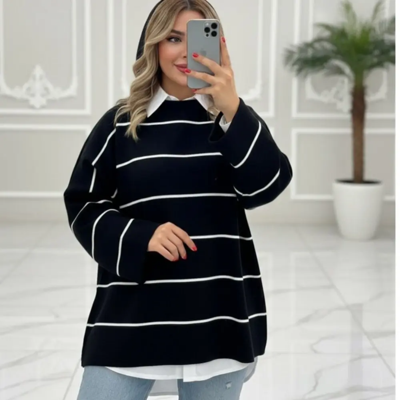 تصویر  بلوز بافت زنانه راه راه پینترسی