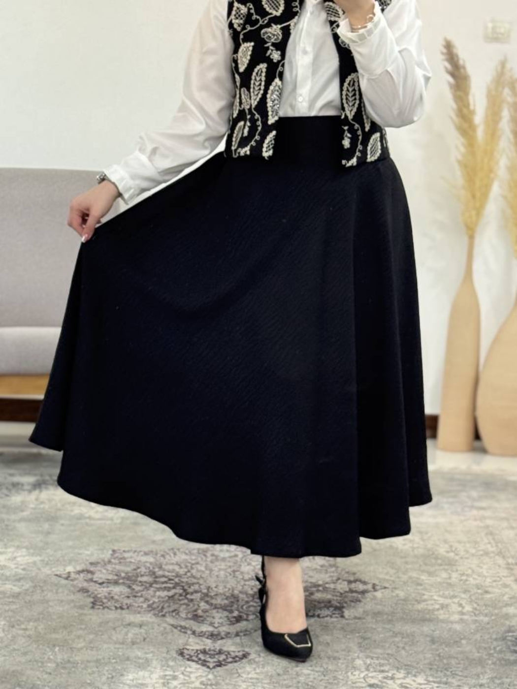تصویر  شومیز جلیقه دامن ست سه تکه ثریا مشکی فارن