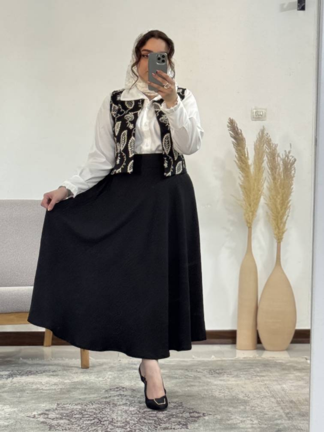 تصویر  شومیز جلیقه دامن ست سه تکه ثریا مشکی فارن